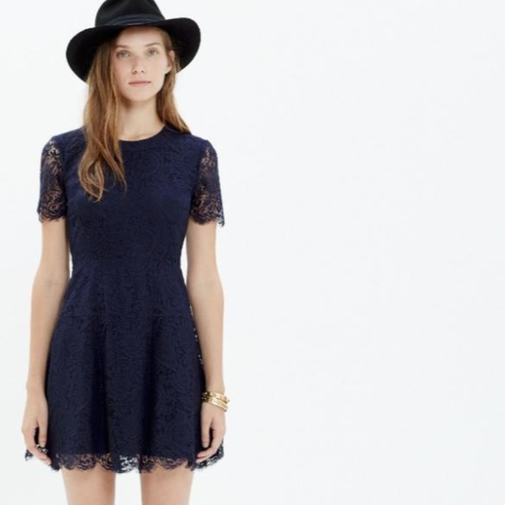 Madewell Navy Blue Lace Floral Sheer Sleeves Dress - Picture 1 of 7